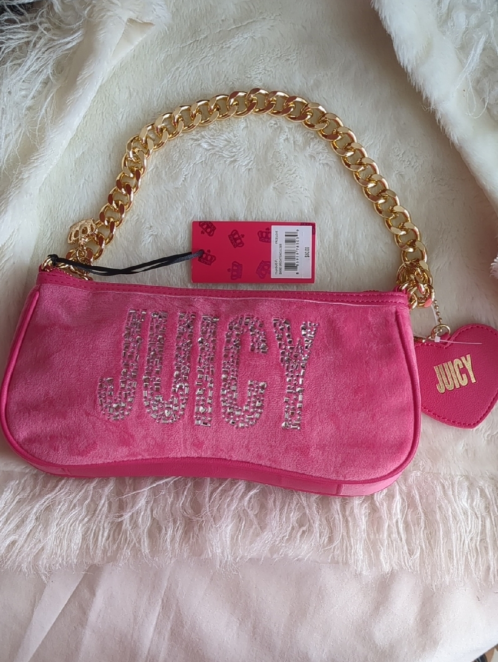 Juicy Couture Pink Velvet Crystal -studded Mini Shoulder Bag/ Gold Chain